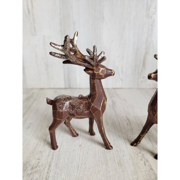 Vintage rustic glitter reindeer ornament Xmas set brown - Picture 2 of 6